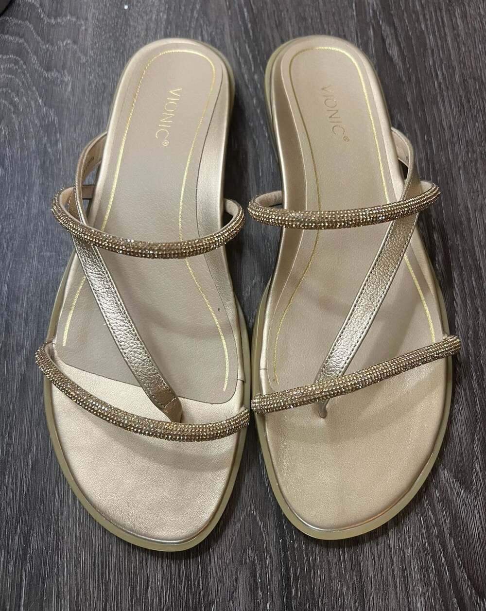 Vionic Gold Prism Embellished Rhinestone Flat Sandals